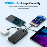 Power Bank 12000mAh w/ Built in USB-C/Micro USB/ Lightning Connectors - White