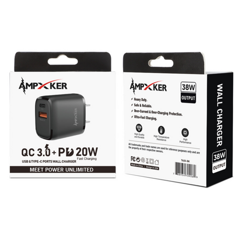 Ampker 38W Fast Charging Dual Port (QC 3.0 USB/20W USB-C) Wall Charger - Black